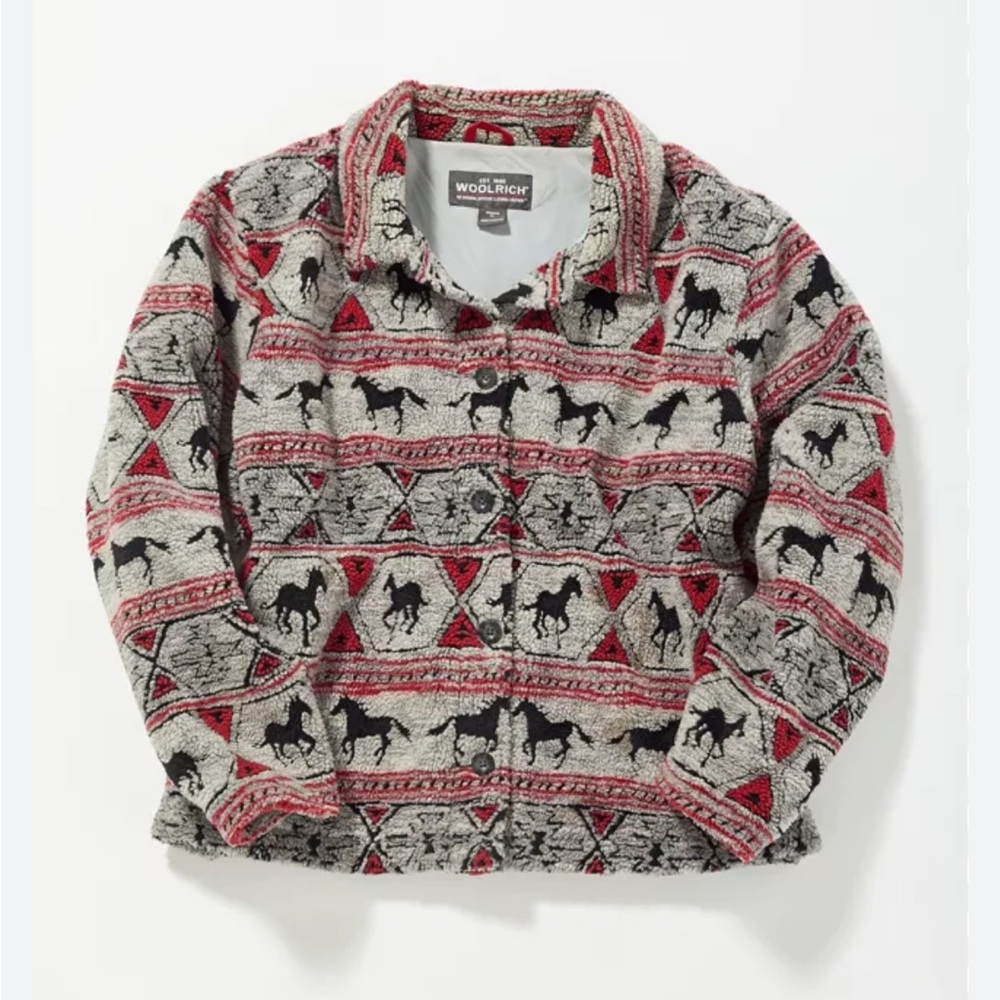 Woolrich Fleece‎ Jacket Women M Horse Equestrian Sherpa Shacket Button Up Aztec